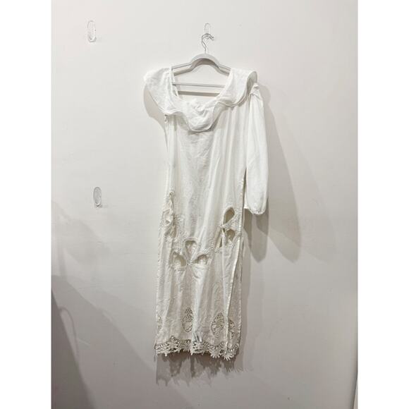 NWT Myriam Arroyave Asymmetric Sleeve Semi Sheer Cover-Up Midi Dress White S/M - Picture 2 of 3
